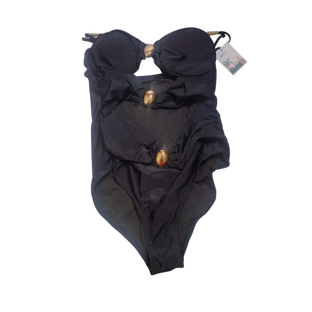 B2PRITY Black Cutout One Piece Swimsuit Gold Hardware Monokini XL NWT